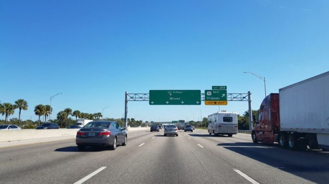 Autopista en Florida con señalización hacia Miami y Orlando durante viaje en carro