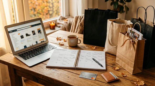 Compras online para Black Friday en computadora con bolsas de compras y calendario de noviembre