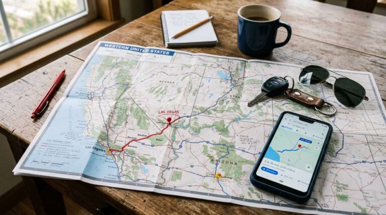 Mapa con la ruta por carretera entre Los &Aacute;ngeles y Las Vegas marcada para planificar el viaje