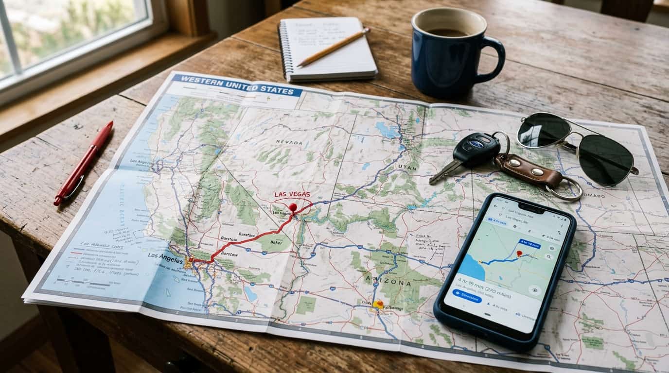 Mapa con la ruta por carretera entre Los Ángeles y Las Vegas marcada para planificar el viaje