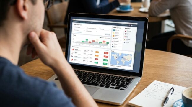 Persona comparando precios de vuelos y agencias online en computadora portátil