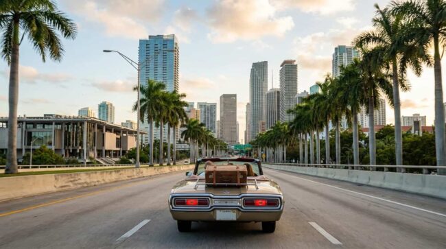 Auto circulando por Miami rumbo a Orlando en viaje por carretera en Florida