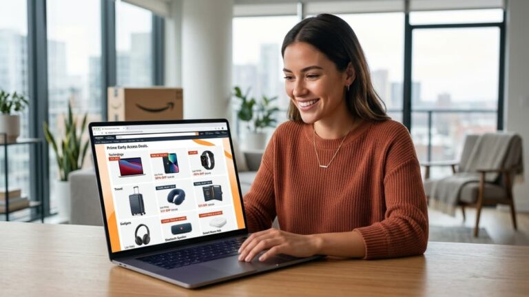 Persona comprando ofertas en Amazon Prime Day desde laptop en casa