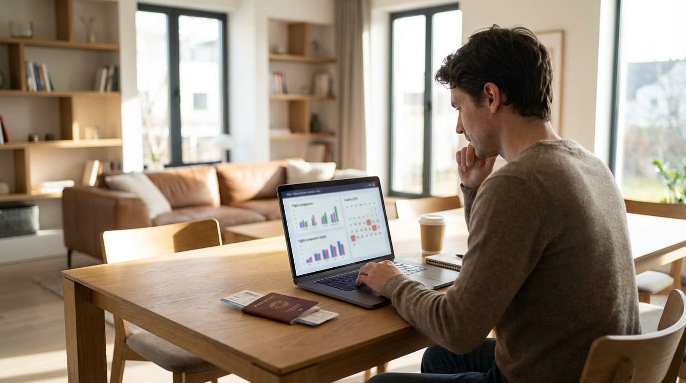 Persona comparando precios de vuelos en una laptop con pasaporte y tarjeta de embarque para viajar en Semana Santa 2026