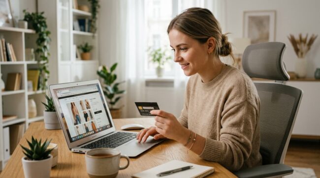 Mujer comprando online con tarjeta durante Black Friday en computadora portátil