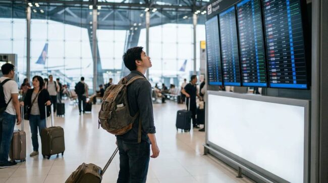 Viajero mirando panel de vuelos en aeropuerto antes de embarcar