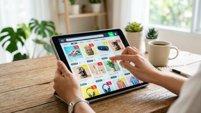 Ofertas con descuentos en Amazon Prime Day vistas desde tablet con productos en promoción