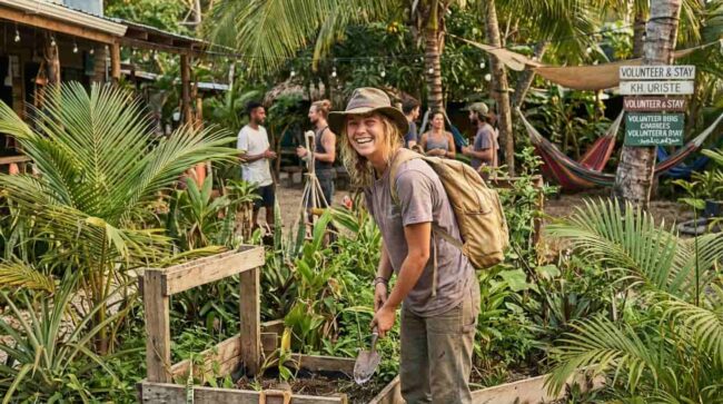 Viajera participando en un voluntariado en un proyecto comunitario a cambio de alojamiento durante un viaje