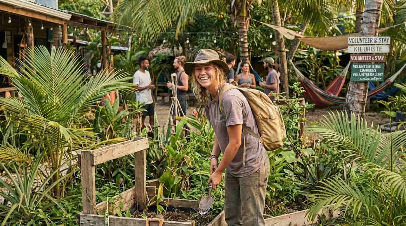 Viajera participando en un voluntariado en un proyecto comunitario a cambio de alojamiento durante un viaje