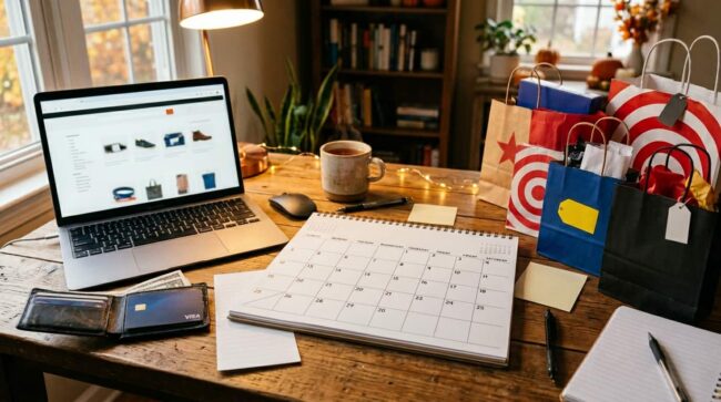Preparativos para compras de Black Friday con laptop, calendario de noviembre y bolsas de tiendas