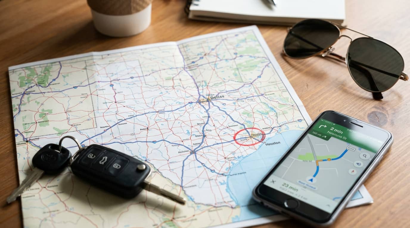Mapa de Texas con ruta marcada entre Dallas y Houston junto a llaves de auto