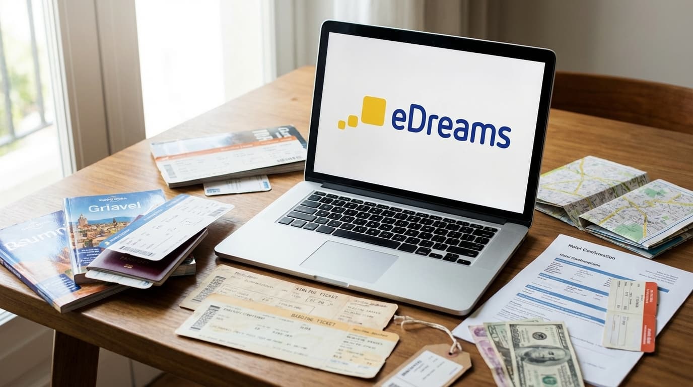 Laptop con logo de eDreams junto a pasajes, mapas y documentos de viaje
