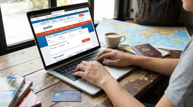Persona buscando vuelos en CheapOair desde una laptop con tarjeta de crédito