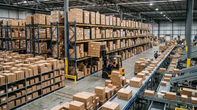 Centro logístico con paquetes y cintas transportadoras durante envíos de Amazon Prime Day