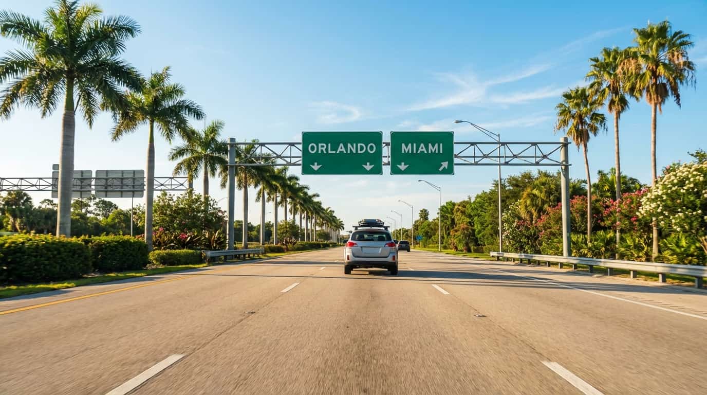 Carretera en Florida con señalización hacia Orlando y Miami rodeada de palmeras
