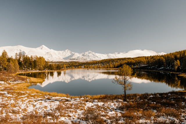 Lago rodeado de bosque y montañas nevadas en Alaska con reflejo en el agua