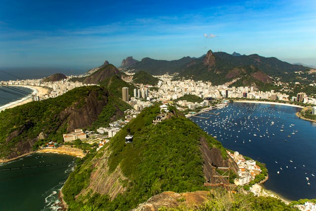 Vista aérea de Río de Janeiro desde el Pan de Azúcar con Botafogo y Copacabana, zonas recomendadas para hospedarse en 2026