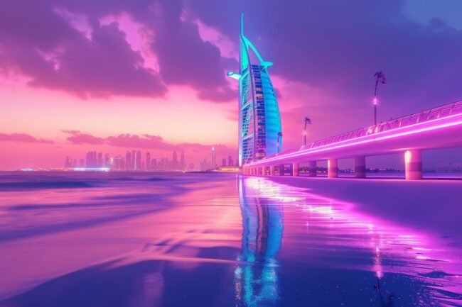 vista panoramica de la ciudad de dubai iluminda con luces de neon generada con IA