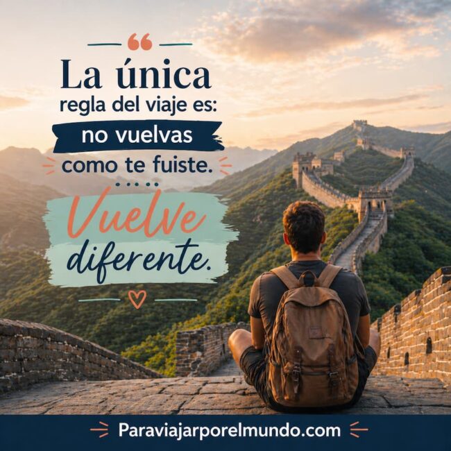 mochilero en la murallachina con frase: La única regla del viaje es no vuelvas como te fuiste. Vuelve diferente.