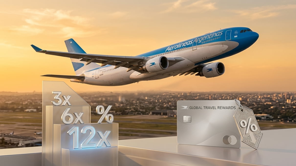 Avión de Aerolíneas Argentinas despegando con gráficos de descuentos y cuotas sin interés.