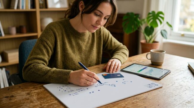 Persona calculando gastos de viaje con tarjeta y tablet antes de comprar vuelos.