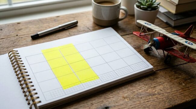 Agenda con calendario resaltado y avión de juguete sobre una mesa, símbolo de elegir mejores fechas para viajar.