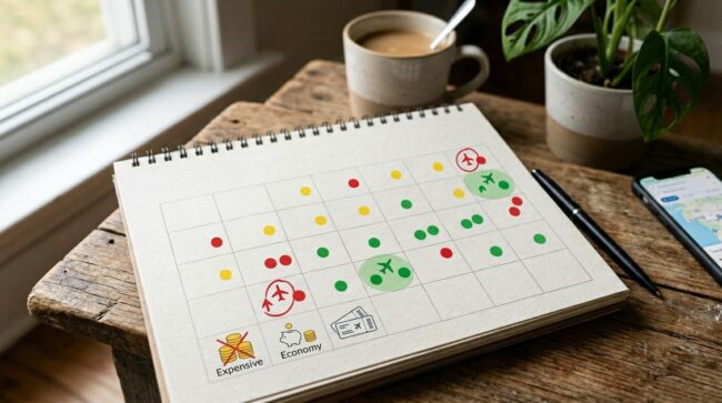 Calendario con precios de vuelos marcados en colores para elegir fechas más baratas.