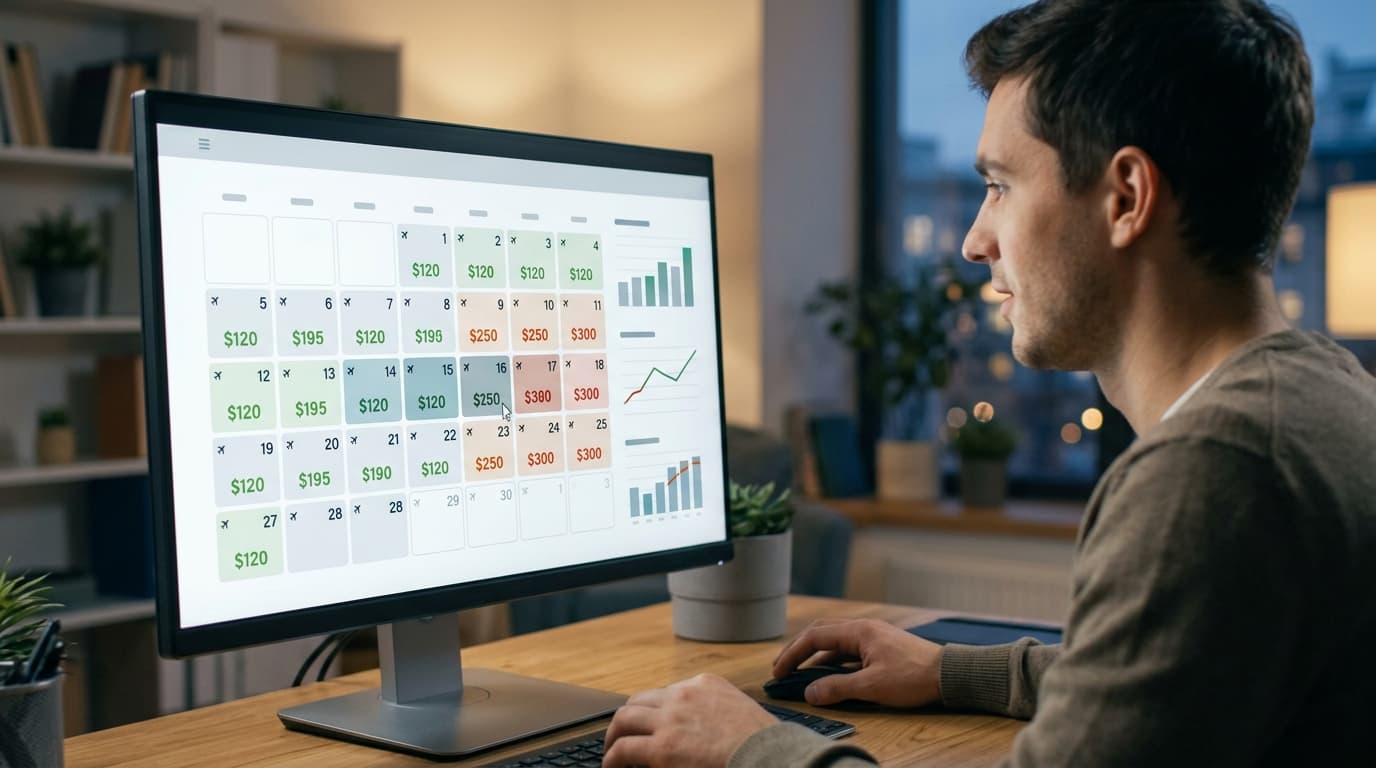 Hombre comparando precios de vuelos en calendario digital con fechas más baratas y más caras en una pantalla.