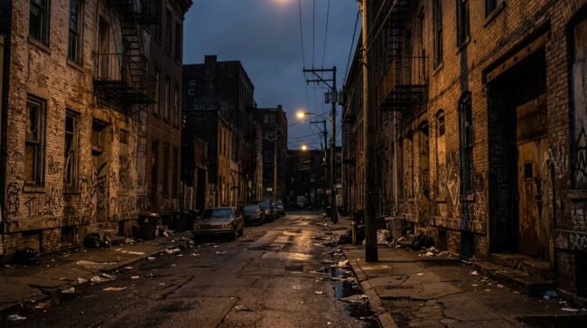 Calle deteriorada y poco iluminada de noche en un barrio urbano de Estados Unidos.