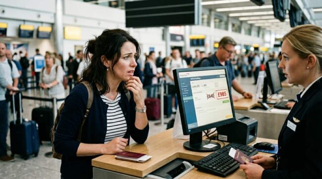 Pasajera preocupada en mostrador del aeropuerto al descubrir un cargo extra o cambio de precio en su vuelo.
