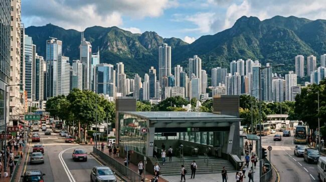 Entrada de estación de metro en gran ciudad rodeada de rascacielos y montañas.