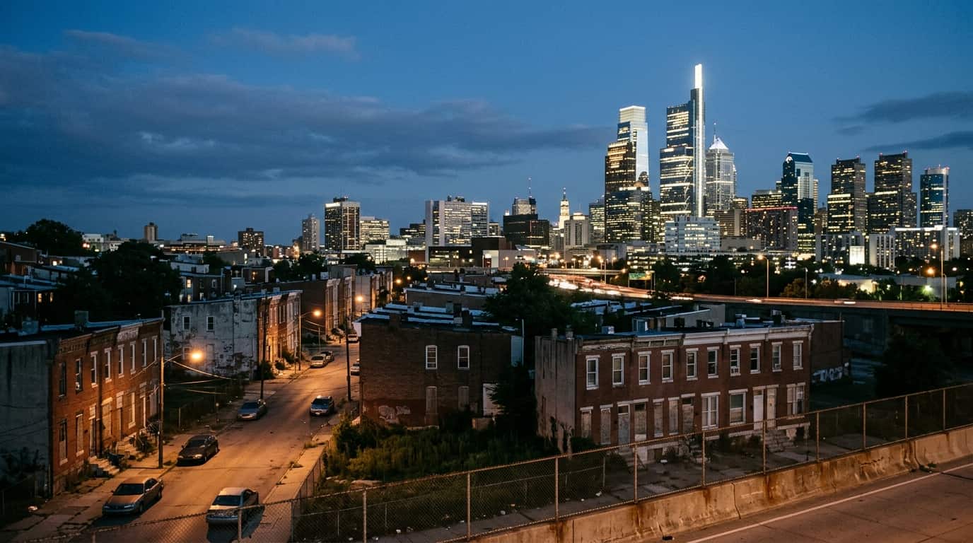 Vista urbana de una ciudad de Estados Unidos al atardecer, con zona residencial en primer plano y rascacielos al fondo.