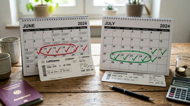 Dos calendarios comparando fechas de viaje con distintos precios de vuelos marcados como más caros y más baratos.