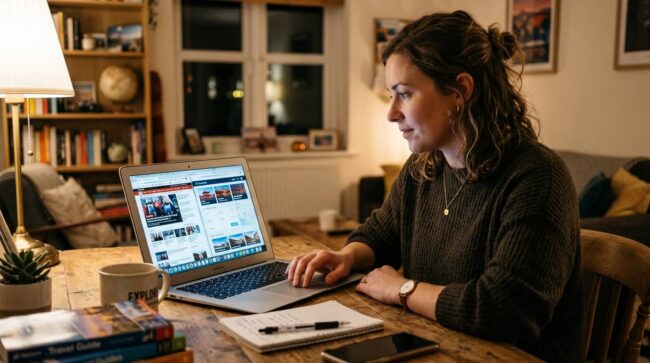 Mujer compara opciones de viaje en una laptop desde su casa antes de reservar vacaciones.