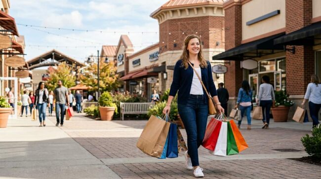 Mujer comprando en outlet de Estados Unidos durante viaje aprovechando precios bajos en 2026