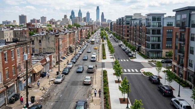 Calle urbana en Estados Unidos con fuerte contraste entre un barrio deteriorado y otro renovado con edificios modernos.