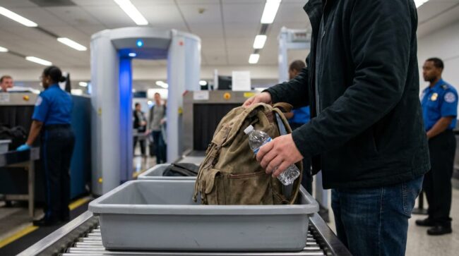 Pasajero en control de seguridad del aeropuerto colocando mochila y botella de agua en la bandeja antes del escáner, imagen sobre reglas del equipaje de mano.