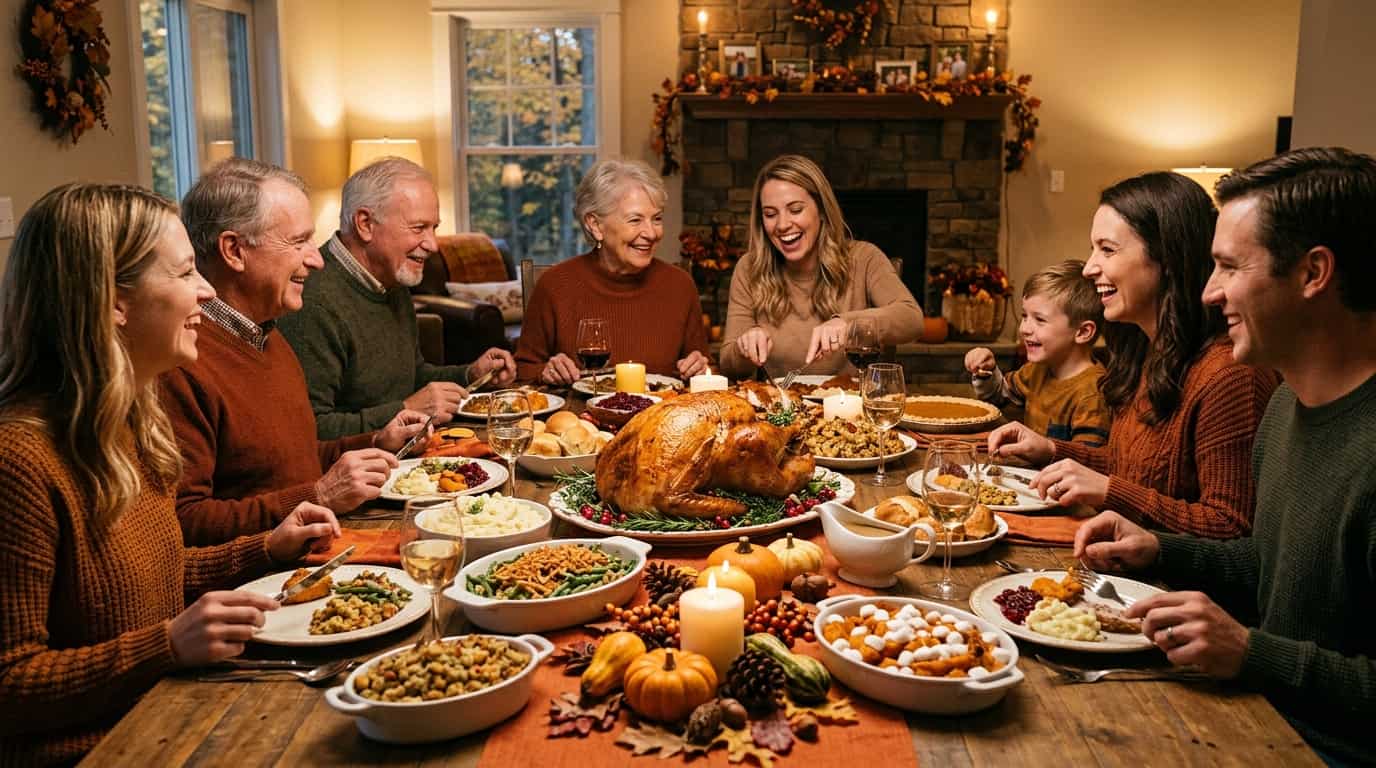 Familia reunida en una mesa de Thanksgiving con pavo asado y cena tradicional en Estados Unidos.