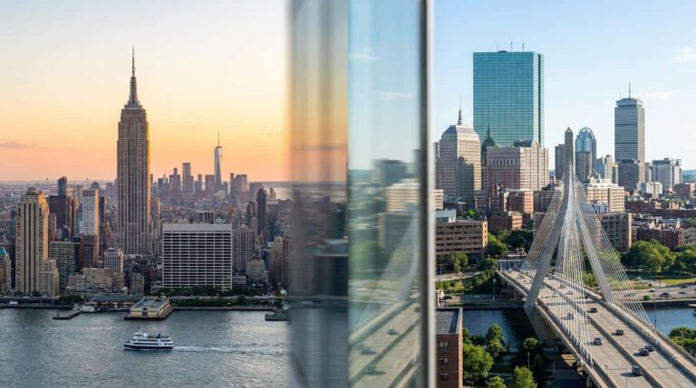 Imagen comparativa de los skylines de Nueva York y Boston, ciudades conectadas por avi&oacute;n, tren, auto y bus en la costa este de Estados Unidos.