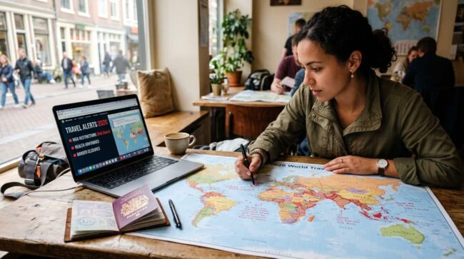 Viajera revisa un mapa mundial y alertas de viaje 2026 en una laptop antes de planificar vacaciones.