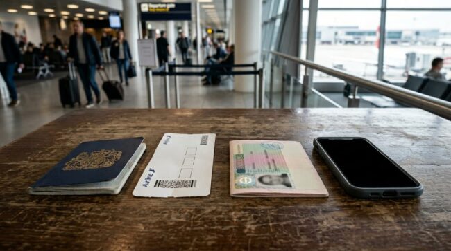 Pasaporte, tarjeta de embarque, visa y celular sobre una mesa en el aeropuerto.