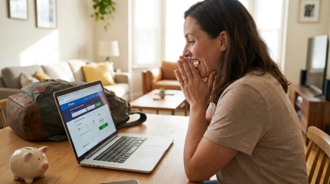 mujer encuentra vuelo barato a miami desde casa usando laptop