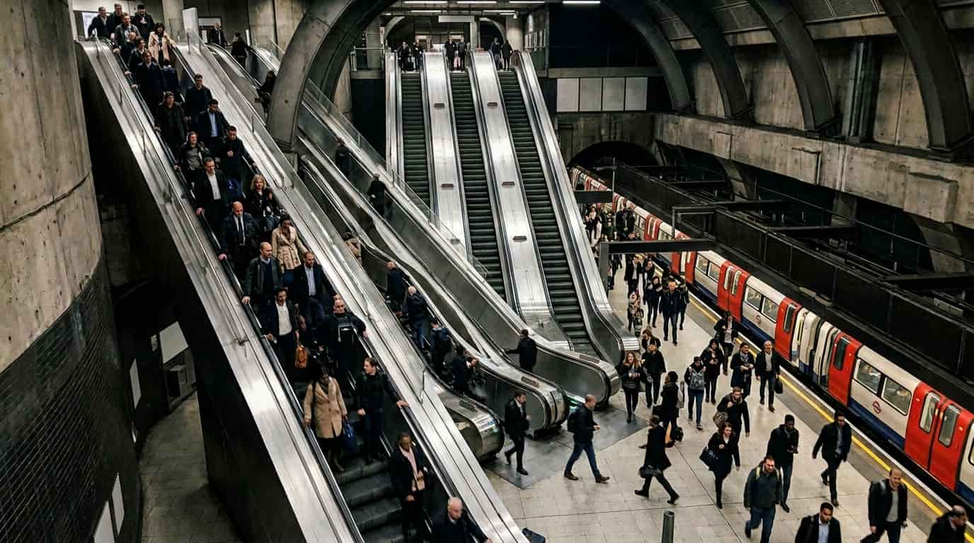 Estación de metro subterránea con largas escaleras mecánicas y pasajeros descendiendo a gran profundidad.