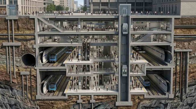 Corte subterráneo de una estación de metro profunda con varios niveles, andenes, ascensores y escaleras.