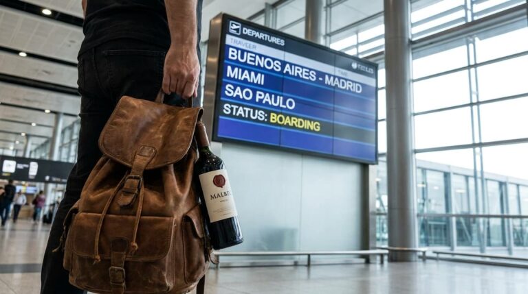 Pasajero en el aeropuerto de Ezeiza con mochila y una botella de vino frente a la pantalla de salidas internacionales, imagen sobre cambios en reglas del equipaje de mano.