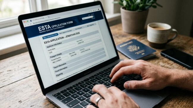 Persona completando el formulario ESTA en una laptop con pasaporte al lado.