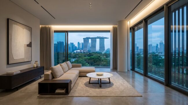 departamento moderno en Singapur con vista a Marina Bay Sands, ejemplo del alto costo de vivienda en la ciudad más cara del mundo en 2026