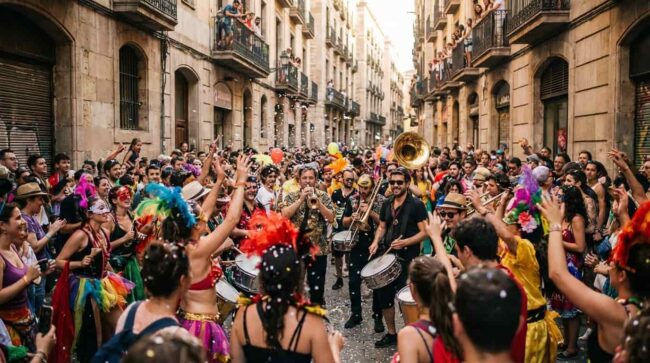 celebración de Carnaval en una calle de Europa con música, disfraces y personas bailando