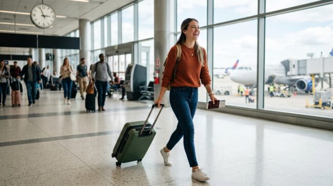 viajar mas con vuelos ilimitados jetsmart persona caminando en aeropuerto con valija y pasaporte lista para viajar en avion