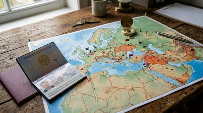 Pasaporte europeo sobre un mapa con zonas marcadas y alertas para planificar viajes internacionales.